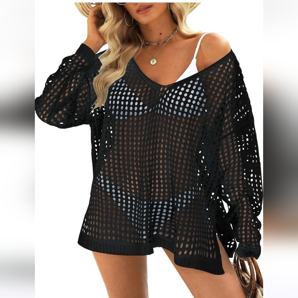 Black Crochet Cover Up or Blouse. XL